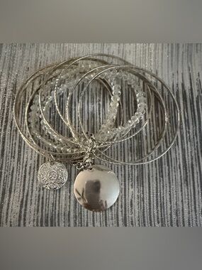 Silver Tone Charm Bangle Bracelet Set in Clear and Silver